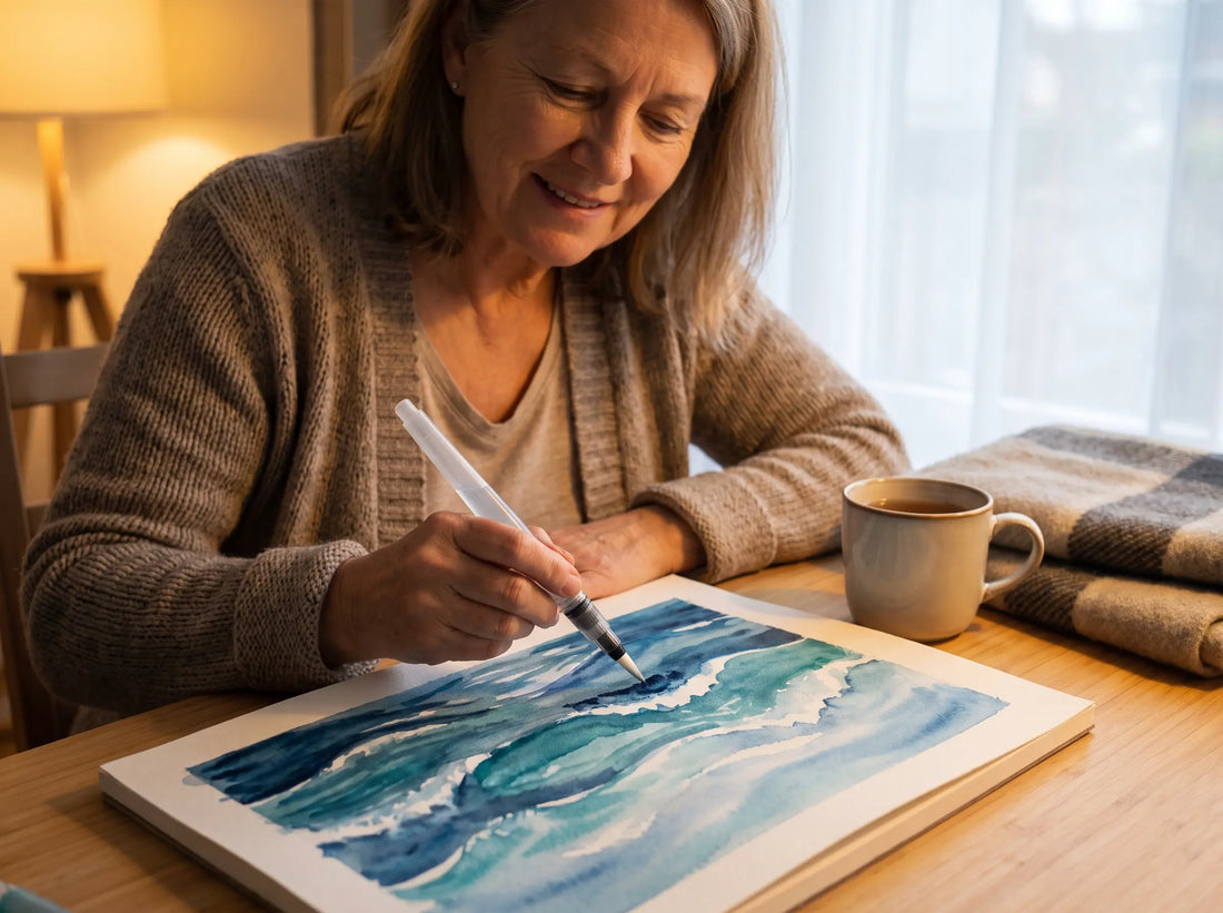 Finished how to paint the ocean in watercolor scene with soft waves and sea foam