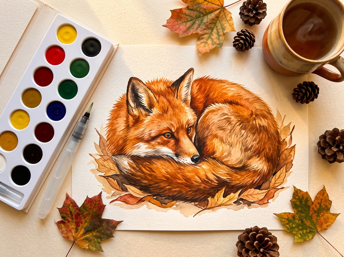 how to paint a fox in watercolor - finished sleeping fox in autumn leaves painting