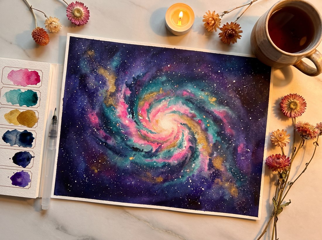 how to paint a galaxy in watercolor - finished swirling galaxy painting