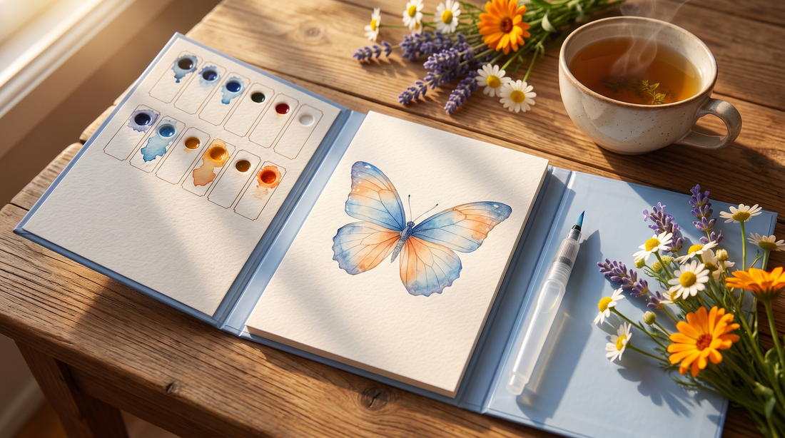 How to paint butterflies in watercolor - a finished colorful butterfly on a Breathly guided page next to a water-brush and a cup of tea