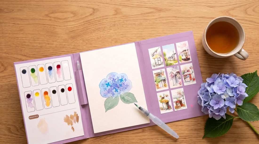 How to paint hydrangeas in watercolor - a finished blue-violet hydrangea on a Breathly guided page beside a water-brush and a cup of tea