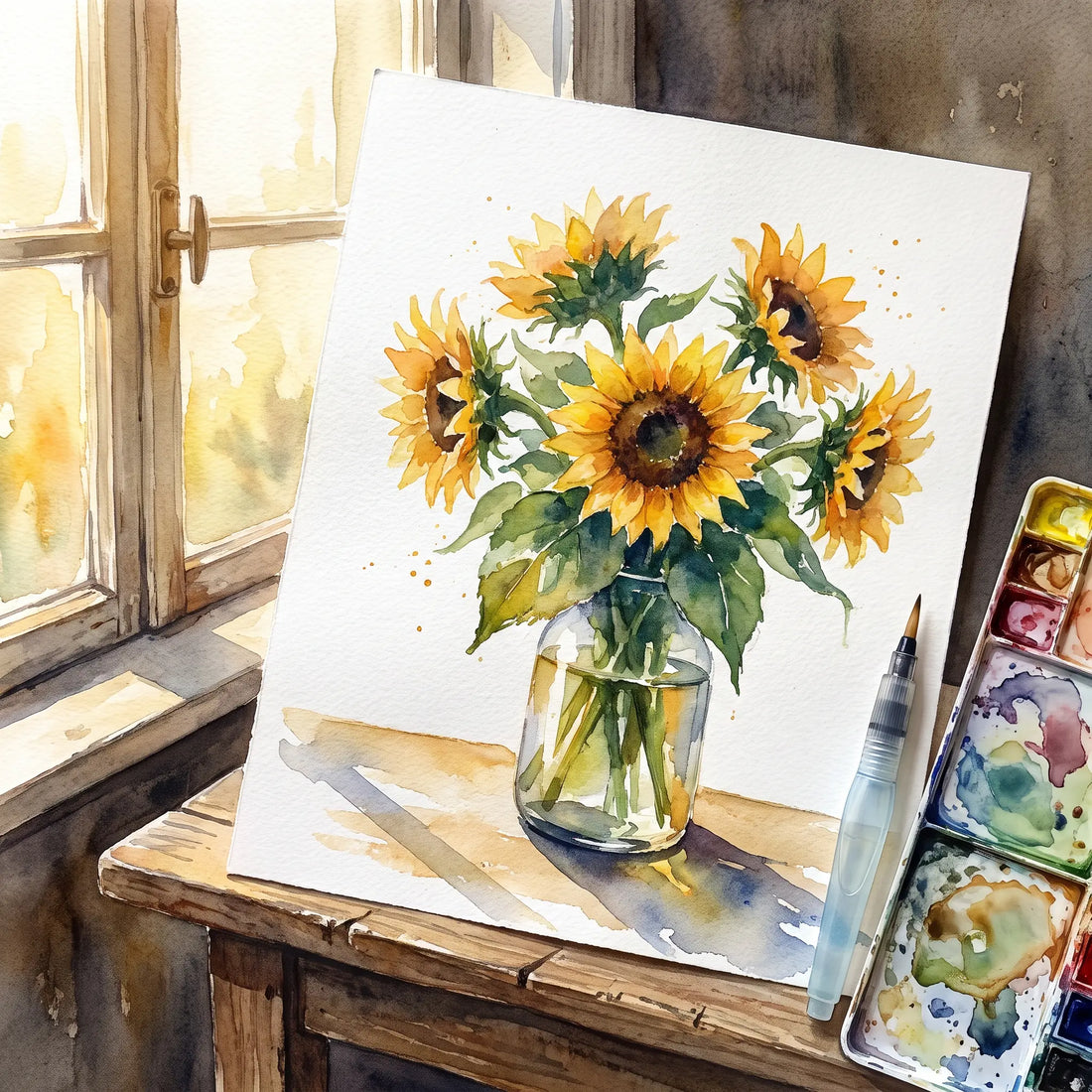 Finished loose watercolor sunflowers painting made with the Breathly kit
