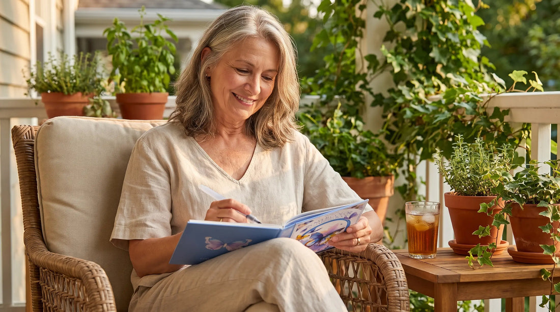 Retired woman enjoying summer hobbies for retirees, painting watercolor on a sunny porch