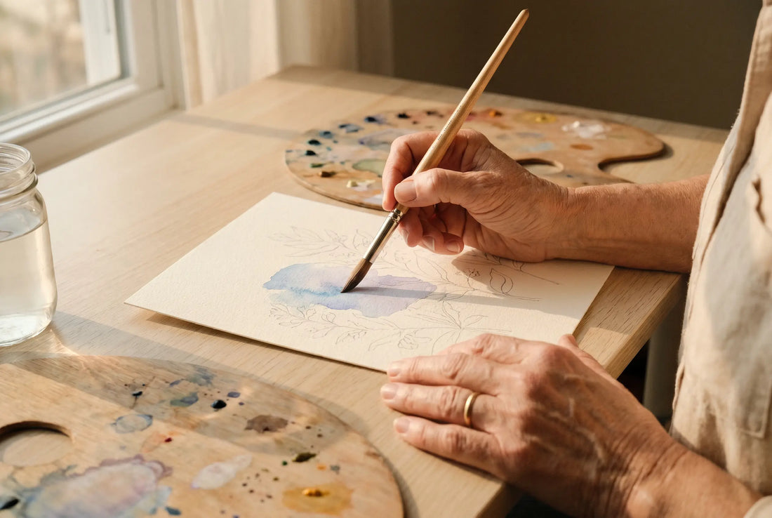 Watercolor techniques for beginners shown on a cozy painting table