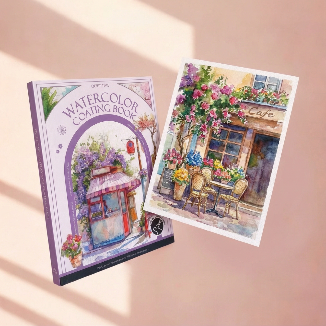 Watercolor painting book and finished café watercolor